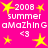 A static image with a bright pink background featuring yellow stars, white text reading '2008 summer amazInG', and '<3' symbols.