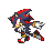 Four pixelated Sonic the Hedgehog character sprites arranged in a on gray background, each showing distinct color variations and motion effects