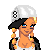 Pixel art contact sheet showing three frames of a softball player character with braided pigtails, white cap with black 8, and purple neon text elements on black background.