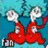 Two identical cartoon figures in red outfits with white gloves and shoes, arms raised, against a blue background with black text "Thing 1" on the right figure.