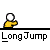 Pixelated character in yellow shirt and white head performs sequential actions above text reading "LongJump" on gray background.