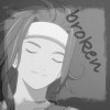 Monochrome cartoon-style image of a person with closed eyes and a headband, with the word 'broken' written in cursive above the head, displayed in a of