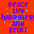 Red background with purple text repeating 'PEACE LUV happiness! AND STUFF' in a pattern, scattered cyan pixel artifacts