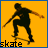 Pixelated animation of a person skateboarding on an orange background with 'skate' text at the bottom.