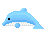 Pixel art animation of a light blue dolphin in four frames showing swimming motion with bubble effects and pink splashes on its side.