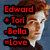 A pixelated image of a person with reddish-brown hair in three views against a blue background, with red text listing names on the left.