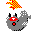 Pixelated gray bird with red beak and white eyes, yellow-and-red checkered flame above, blue square particles in some frames, static background.