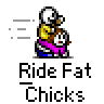 A 4-frame pixel art animation of a skeleton riding a woman, displayed in a contact sheet with gray background and text "Ride Fat Chicks" below each frame.