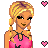 Pixel art of a blonde woman in pink crop top and brown pants with heart symbols, text fragments "Born To Please" on colored backgrounds.