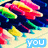Pixelated animation of colorful candy-like shapes on a dark background with changing text labels.