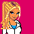 Pixelated character with blonde hair and blue eyes in white jacket over blue top, standing against pink background.