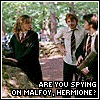 Animated sequence of three characters in school uniforms outdoors with text overlays changing across frames.