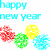 Pixelated 'happy new year' text and colored circular shapes in two color schemes on white background.