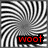 Black-and-white striped radial pattern with red text 'woot' on left and white text 'woot' on right, both on black rectangular backgrounds.