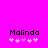 Bright pink background with black text "Malinda" and five light pink pixelated hearts below it, showing slight animation in heart positions.