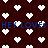Dark brown background with white pixelated hearts scattered across; blue text 'HEY LOVES' repeated twice horizontally, each letter partially obscured by heart shapes.