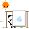 Pixelated animation of a panda holding a white board with a blue shape under a smiling sun, showing slight movement in the panda's arm and board position.