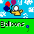 Pixel art icon shows a yellow watering can holding three balloons against a blue sky with white clouds and green grass below.