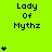 Bright green background with repeated blue text "Lady Of Mythz" and blue heart symbols in a pattern, some hearts animate to form vertical stacks