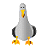 Pixelated bird with gray body, yellow beak, black eyes, and orange feet against solid gray background.