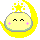 Four pixel-art frames of a yellow crescent moon character with closed eyes, pink cheeks, and star sparkles on gray background.