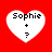 Four white heart-shaped icons on red background, each containing 'Sophie' text with '+' and '?' symbols.