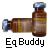 Brown glass bottle with blue cap and yellow label, shown in two orientations against gray background, with "Eq Buddy" text below.