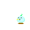Pixelated cartoon character with light blue body, brown base, and yellow mouth emits bubbles or musical notes from its mouth