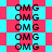 repeating 'OMG' text in black pixelated font on alternating red and cyan background squares, with a patterned transition between two states