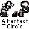 Animated contact sheet showing 12 frames of a buddy icon featuring two cartoon characters and orange circular motion graphics, with repeated text "A Perfect Circle" below each frame.
