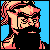 Pixelated static icon of a character with light brown hair and black clothing against a blue background, rendered in 8-bit style with red accents on the face and hair.