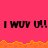 Pixelated text 'I WUV U!!' repeats across a bright pink background with orange flame-like borders, animated to shift position.