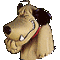 Pixelated cartoon dog head with brown fur, black ears, red collar, and hand near mouth in two side-by-side views showing slight pose variation.