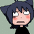 Pixelated anime-style character with dark blue hair, wide eyes, and pink cheeks against a light green background.