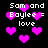 Pixelated text and pink hearts on black background with repeated 'Sam and Baylee = love' phrases.
