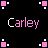 Pixelated text 'Carley' in pink and white appears repeatedly on a black background with scattered pink and white square pixels, some forming small clusters.