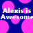 Pixelated text reads "Alexis is Awesome" in white over a dark blue background with pink circular shapes.