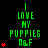 Green text "I LOVE MY PUPPIES" and "O&F" on black background with red heart symbols, animated to change heart count per frame.