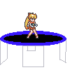 Pixel art character with long orange hair in pigtails, wearing an orange and white outfit, performing various poses on a blue-rimmed black circular platform against gray background.