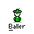 Pixelated green figure with white face and hat, wearing green jacket with red accents, standing under 'Baller' text on gray background.