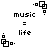 Pixel art icon with black text 'music = life' and a repeating pattern of four distinct black-and-white pixelated symbols arranged in a