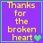 Purple background with yellow text reading 'Thanks for the broken heart' and a green heart symbol, displayed in a of four identical with green borders