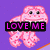 Pixelated pink frog-like creature with black eyes and red spots on purple background, displaying 'LOVE ME' text in one view.