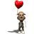Pixelated character with brown fur and white shoes holds red heart-shaped balloon, standing on white background.