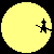Four yellow circular icons with black silhouettes of a witch on broomsticks in different poses against solid backgrounds.