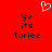 Red background with white heart symbol above black pixelated text reading 'yo its toriee' in two identical