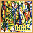 Pixelated image of two figures with colorful foliage background and text 'bloh' at bottom, one version shows yellow outline around text.