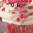 Pixelated cupcake with white frosting and red sprinkles, displaying text 'UR' and 'MY' above and 'CUPCAKE!!!' below.