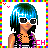 Pixel art character with blue-green hair and sunglasses, wearing a striped tank top; text "MYSPACE WHORE" in multicolor pixel font below.