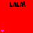 Red background with repeated black 'LALA!' text and pink heart clusters in a pattern, with a gray rectangle in the bottom-right corner